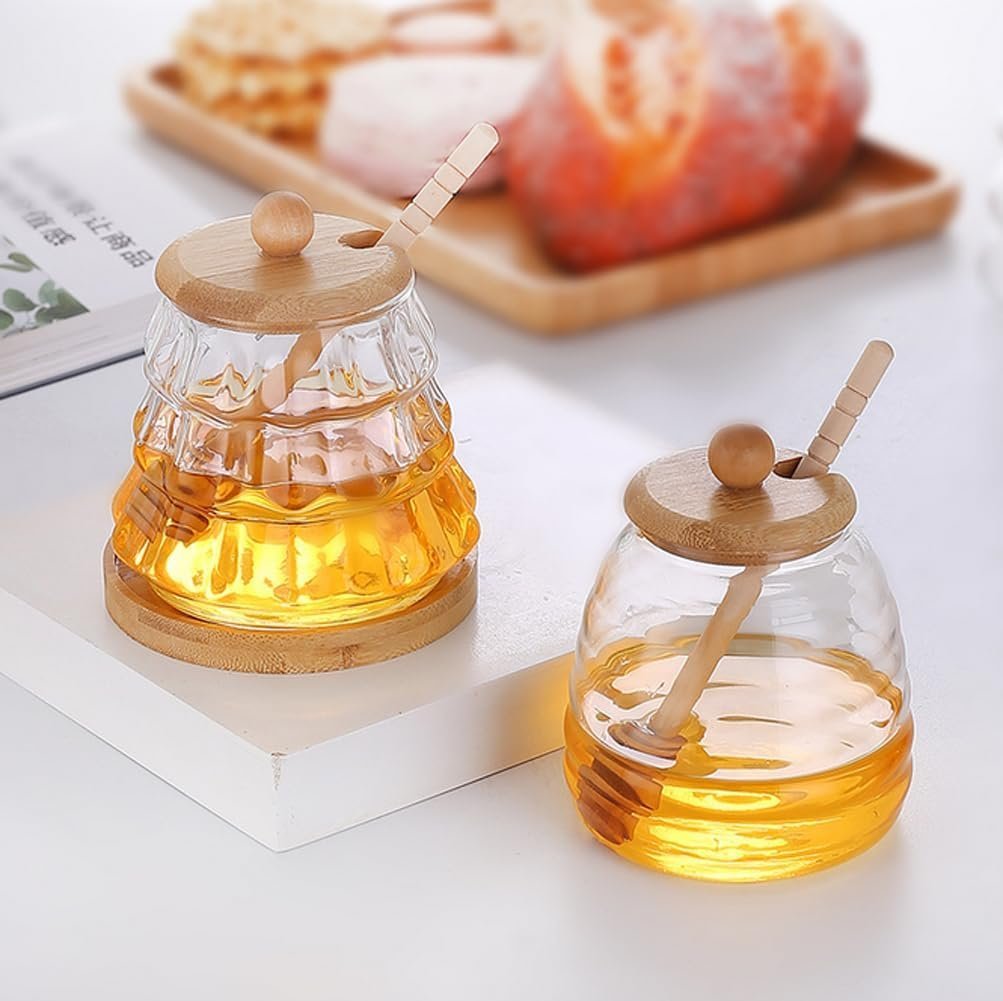 Ribbed Glass Beehive Honey Jar with Bamboo Base Set - Image 2