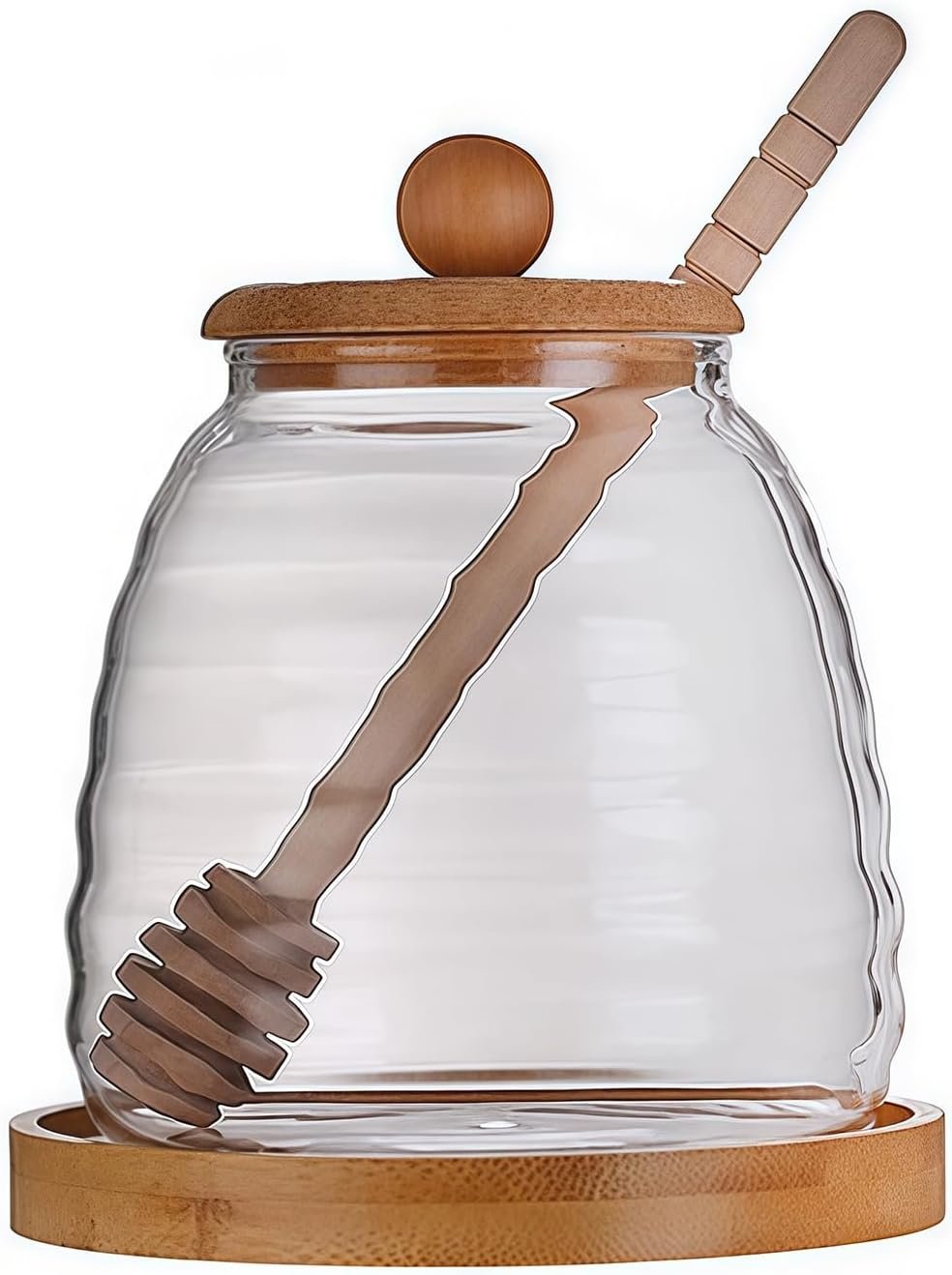 Ribbed Glass Beehive Honey Jar with Bamboo Base Set