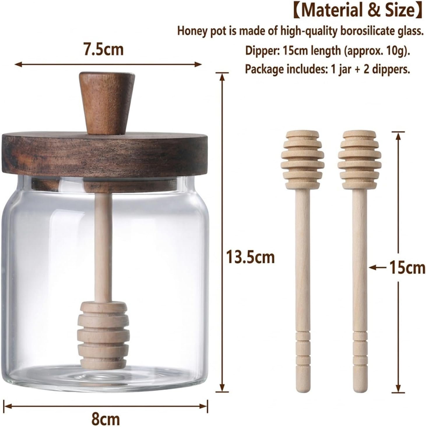 Glass Honey Jar with Dipper & Wooden Lid