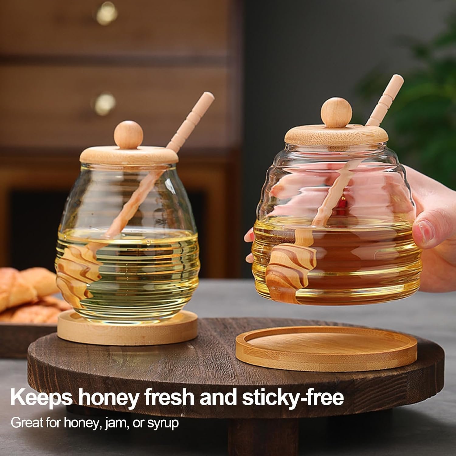 Ribbed Glass Beehive Honey Jar with Bamboo Base Set - Image 3