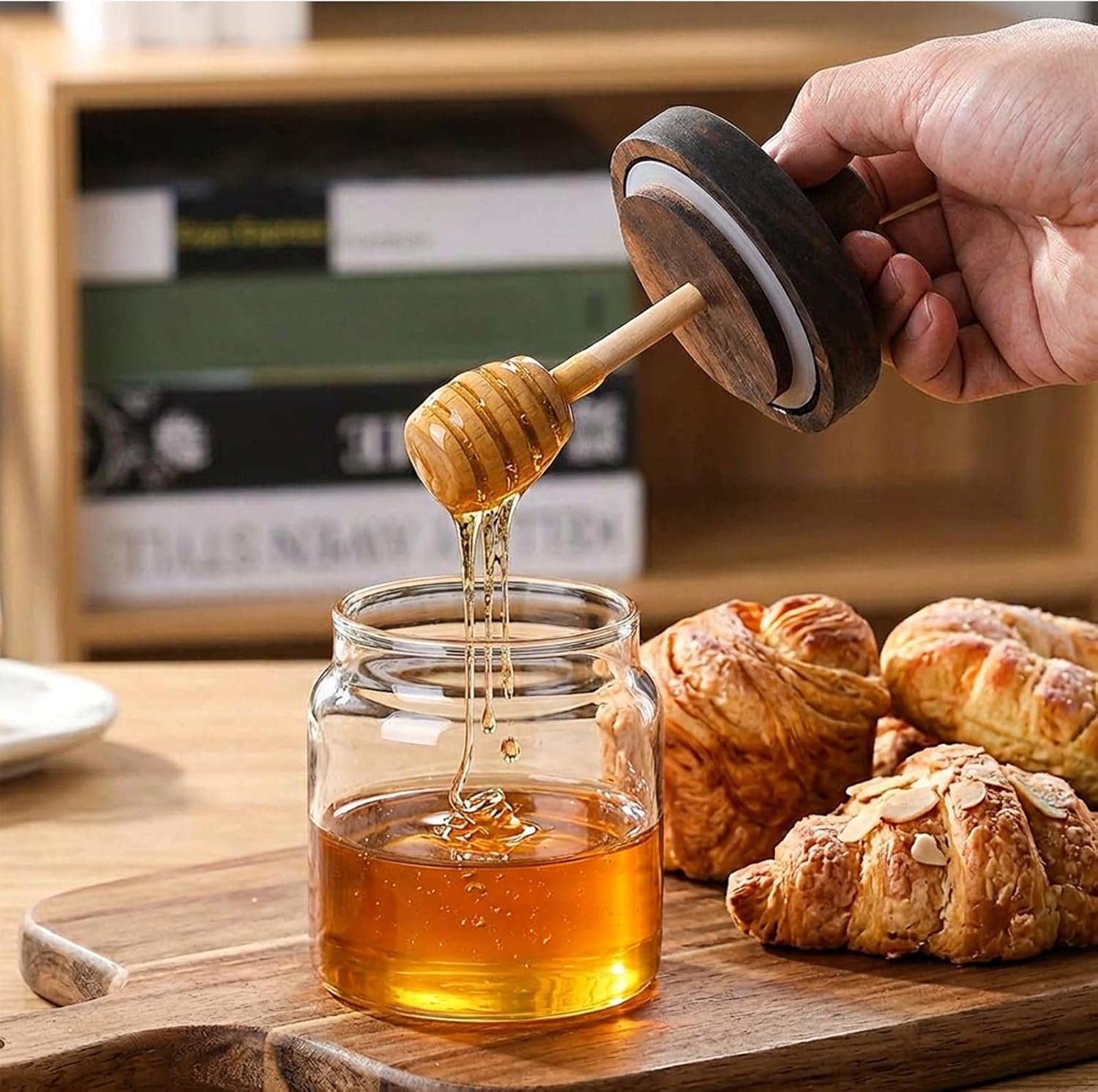 Glass Honey Jar with Dipper & Wooden Lid - Image 2
