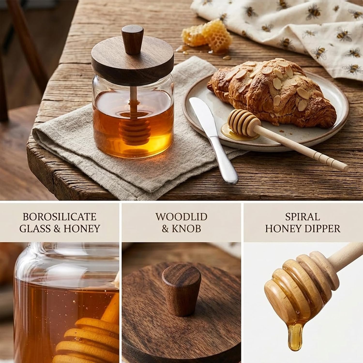 Glass Honey Jar with Dipper & Wooden Lid - Image 3